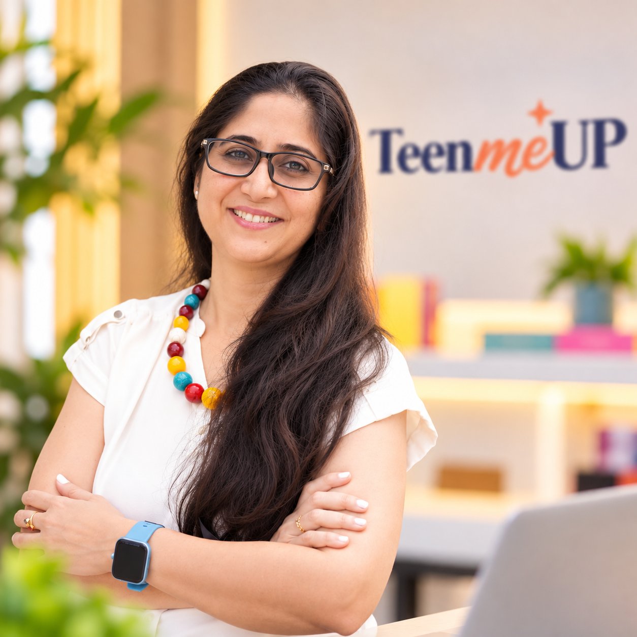 Geettaa Kanhai Chhugani, founder of TeenmeUP, at her desk