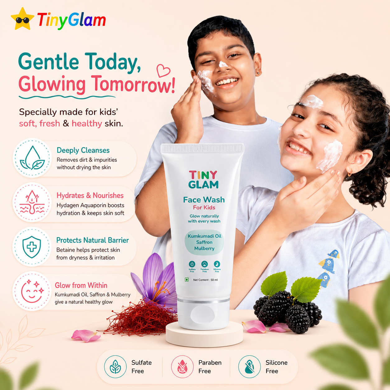 TinyGlam Sulfate Free Face Wash 50 ml - Gentle Skincare Face Wash for Kids & Teens