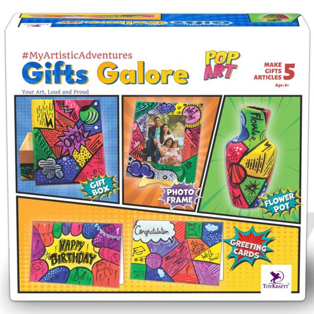 Gift Galore Pop Art DIY Craft Kit for Kids, Paint Terracotta Pot, Gift Box, Photo Frame & Greeting Cards, Multi Surface Painting Activity Set