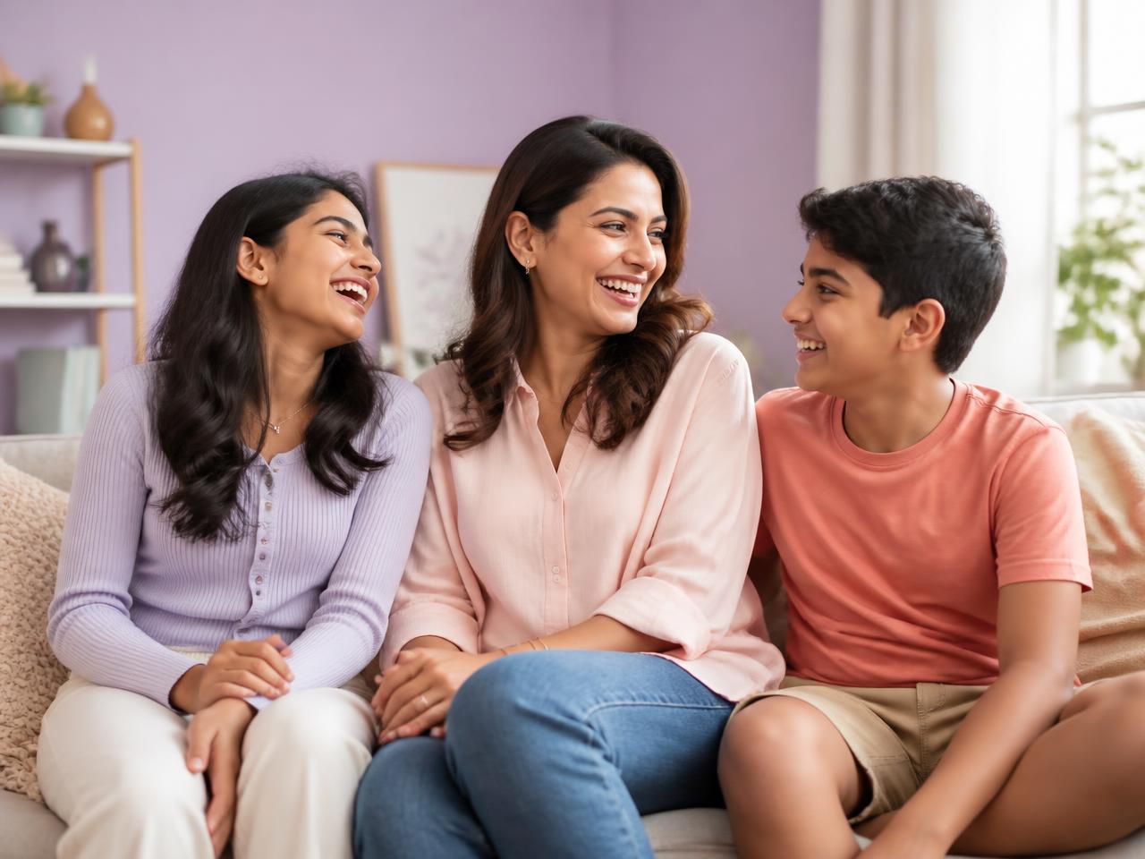 An Indian mother laughing with her teenage daughter and son at home