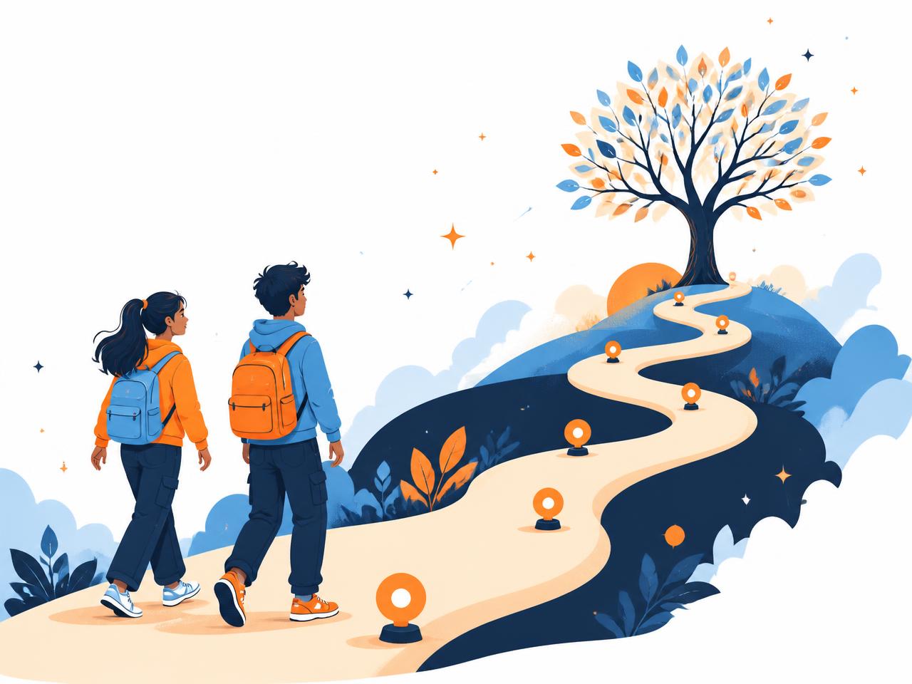 Two young explorers walking a milestone path towards a growing tree